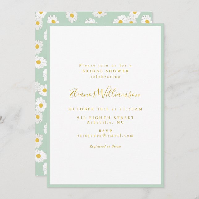 Convite Pastel Mint Sage Retro Daisy Floral Bridal Shower (Frente/Verso)
