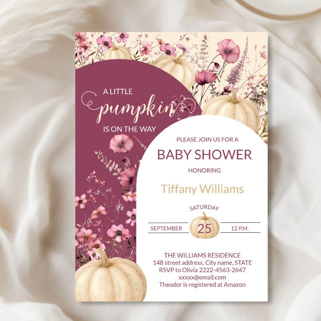Convite Pastel Molho Aquarela A abóbora cai em flores silv (Pink Rustic Pumpkin Baby Shower Invitation | Neutral Fall Floral Autumn Theme)