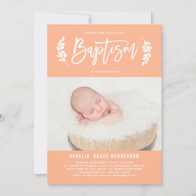 Convite Pastel Peach Laurel Wreath Baby Photo Baptism (Frente)