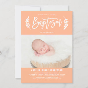 Convite Pastel Peach Laurel Wreath Baby Photo Baptism