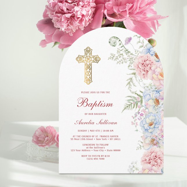 Convite Pastel Peonies Arch Baptism (Criador carregado)