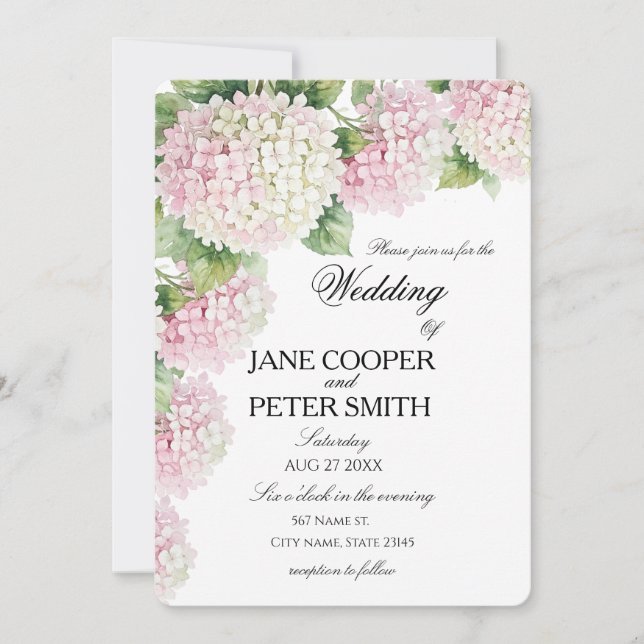Convite Pastel pink and white hydrangeas Budget Wedding  (Frente)