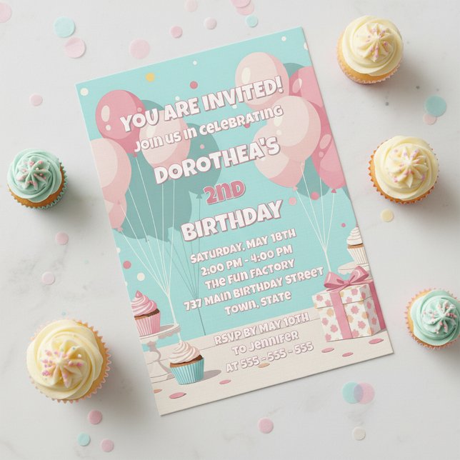 Convite Pastel Pink Blue Balloon Girl's 2nd Birthday Party (Criador carregado)