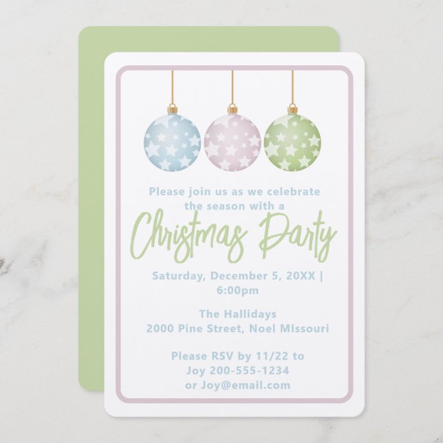 Convite Pastel Pink Blue & Green Ornaments Christmas Party (Frente/Verso)