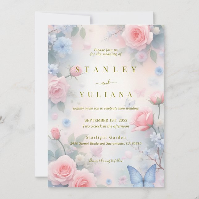 Convite Pastel Pink Blue Rose Butterfly Fantasy Design (Frente)