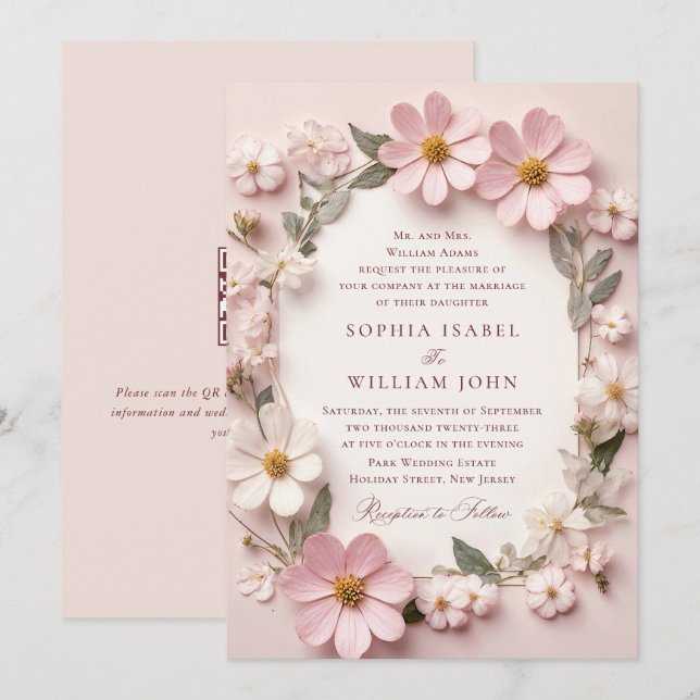Convite Pastel Pink Blush Boho Wildflower Código QR de Cas (Frente/Verso)