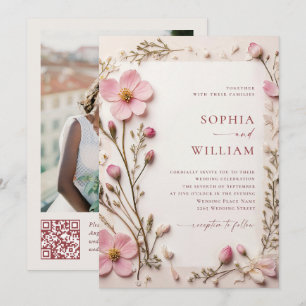 Convite Pastel Pink Boho Wildflower Casamento Código QR Fo