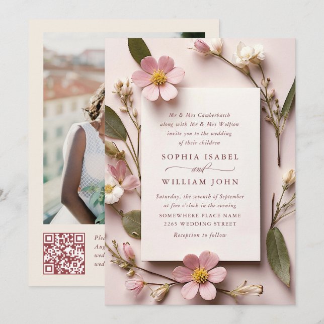 Convite Pastel Pink Boho Wildflower Casamento Código QR Fo (Frente/Verso)