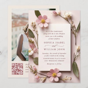 Convite Pastel Pink Boho Wildflower Casamento Código QR Fo