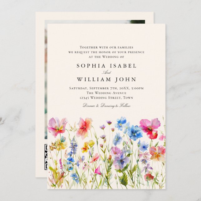 Convite Pastel Pink Boho Wildflower Casamento Código QR Fo (Frente/Verso)