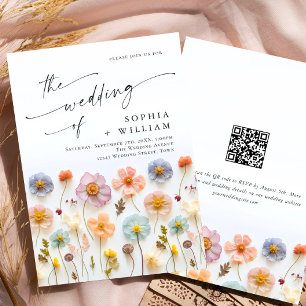 Convite Pastel Pink Boho Wildflower Código QR de Casamento