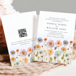 Convite Pastel Pink Boho Wildflower Código QR de Casamento