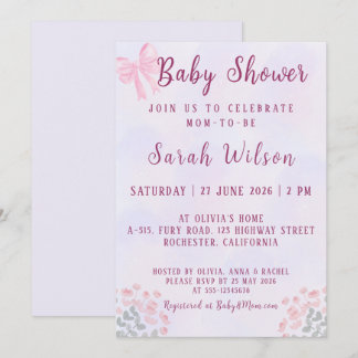 Convite Pastel Pink Bow Floral Baby Shower