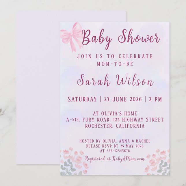 Convite Pastel Pink Bow Floral Baby Shower (Frente/Verso)