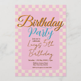 Convite Pastel Pink Checkered Birthday Party
