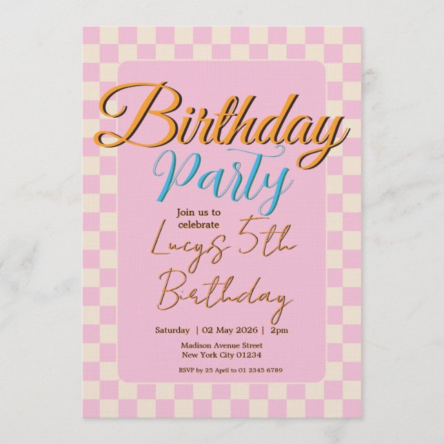 Convite Pastel Pink Checkered Birthday Party (Frente)