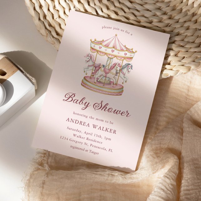 Convite Pastel Pink Cute Carousel Girl Baby Shower (Criador carregado)