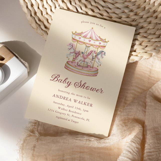 Convite Pastel Pink Cute Carousel Girl Baby Shower (Criador carregado)