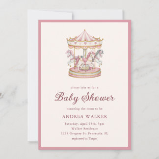 Convite Pastel Pink Cute Carousel Girl Baby Shower