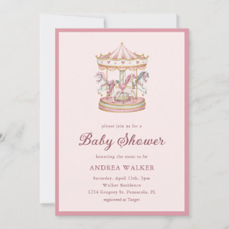 Convite Pastel Pink Cute Carousel Girl Baby Shower