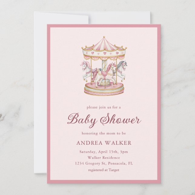 Convite Pastel Pink Cute Carousel Girl Baby Shower (Frente)