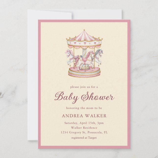 Convite Pastel Pink Cute Carousel Girl Baby Shower (Frente)