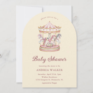 Convite Pastel Pink Cute Carousel Girl Baby Shower Arch 