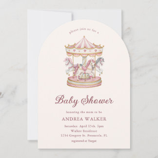 Convite Pastel Pink Cute Carousel Girl Baby Shower Arch 