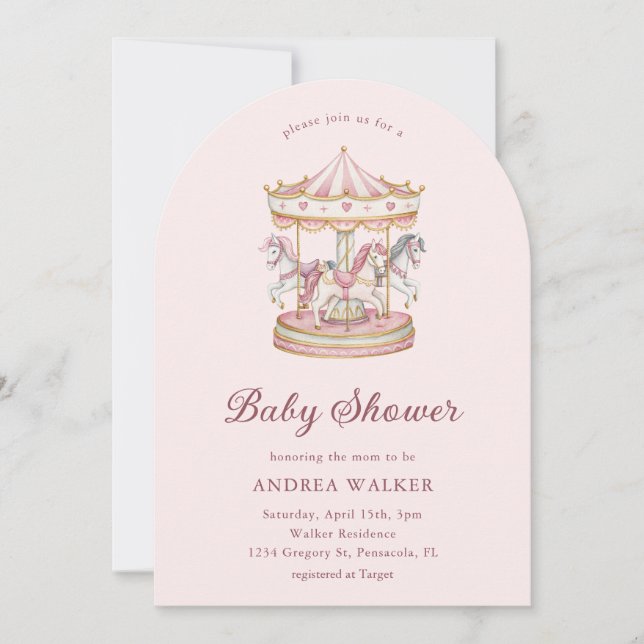 Convite Pastel Pink Cute Carousel Girl Baby Shower Arch  (Frente)