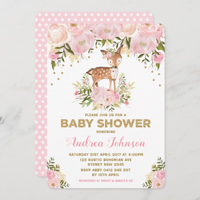 Convite Pastel Pink Deer Baby Girl Chá Watercolor Peony (Frente/Verso)