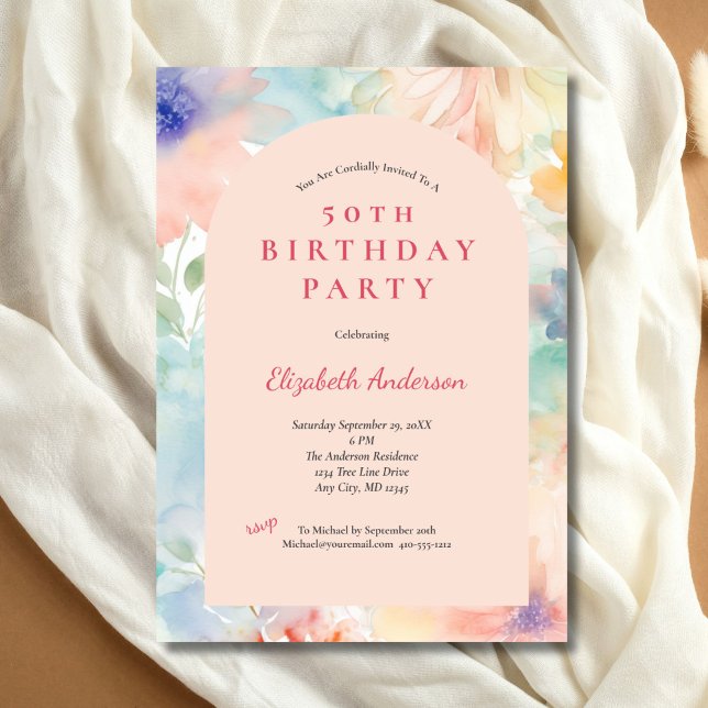 Convite Pastel Pink Floral Modern Arch 50th Birthday (Pastel Pink Floral Elegant 50th Birthday party invitation for he. Printed or Digital Download)