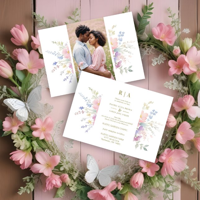 Convite Pastel Pink Flowers Greenery Elegant Spring Photo (Pastel Pink Flowers & Greenery Elegant Spring Photo Wedding Invitations Cards. )