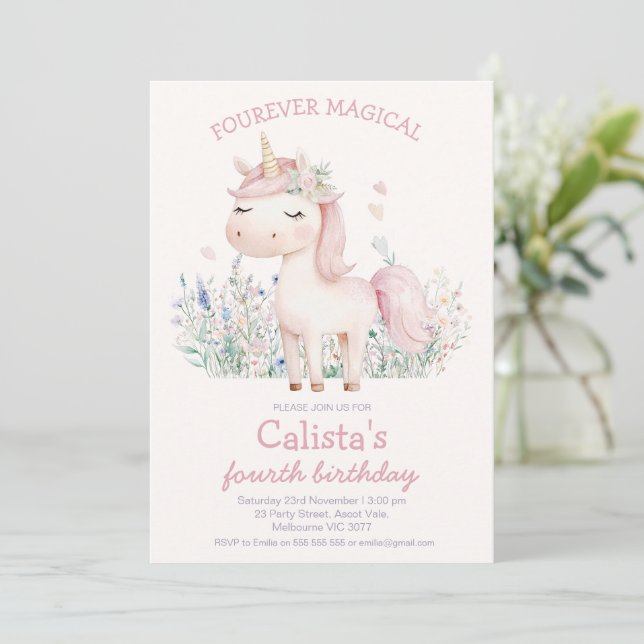 Convite Pastel Pink Fourever Magical Unicorn Birthday (Em pé/Frente)