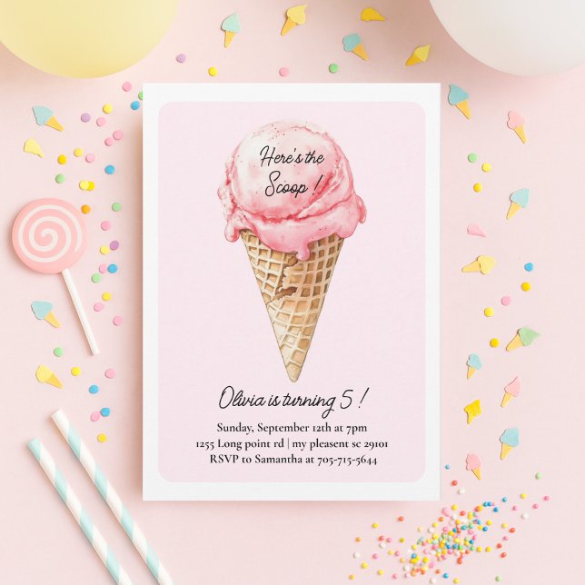 Convite Pastel Pink Ice Cream Cone Birthday Party  (Criador carregado)
