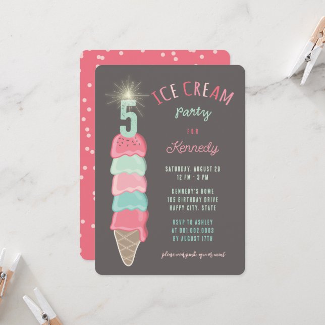 Convite Pastel Pink Mint Ice Cream Girl 5th Birthday Party (Frente/Verso In Situ)