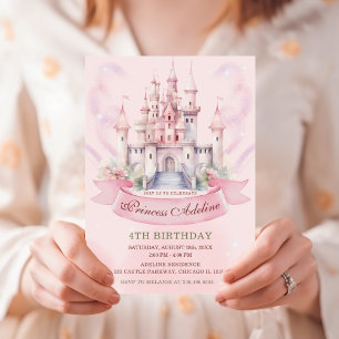 Convite Pastel Pink Princess Royal Castle 4.º Aniversário