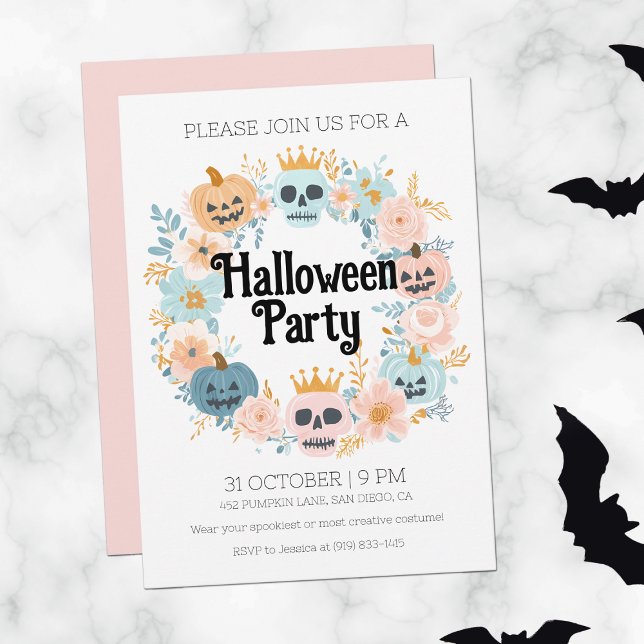 Convite Pastel Pink Skull Pumpkin Festa do Dia das Bruxas (Pastel Pink Skull Pumpkin Cute Halloween Party Invitation)