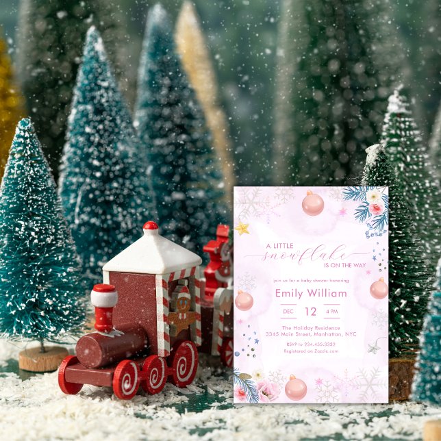 Convite Pastel Pink Snowflake Floral Winter Baby Shower (Pastel Pink Snowflake Floral Winter Baby Shower Invitation)
