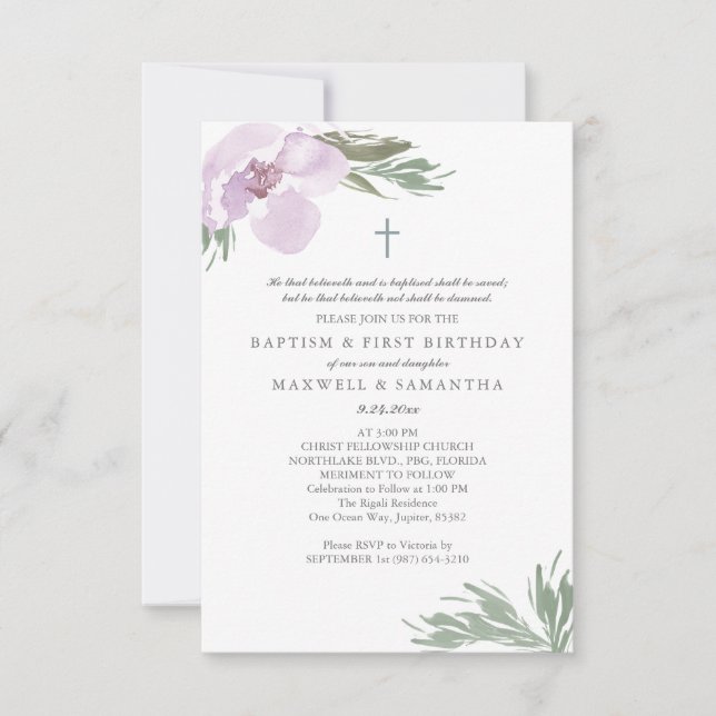 Convite Pastel Pink Watercolor Florals Gira Batismo (Frente)