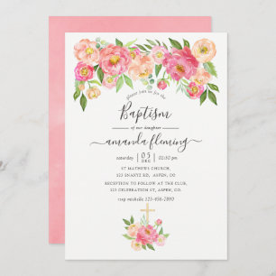 Convite Pastel Pink Watercolor Peonies Baptism