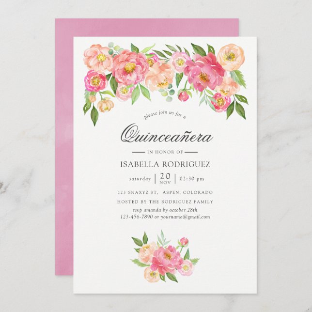Convite Pastel Pink Watercolor Peonies Quinceañera (Frente/Verso)
