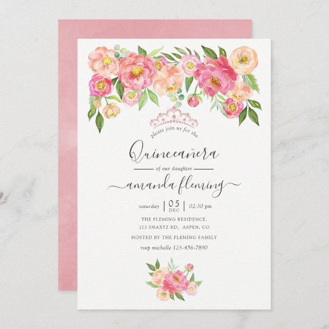 Convite Pastel Pink Watercolor Peonies Quinceañera (Frente/Verso)