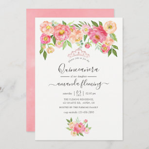 Convite Pastel Pink Watercolor Peonies Quinceañera