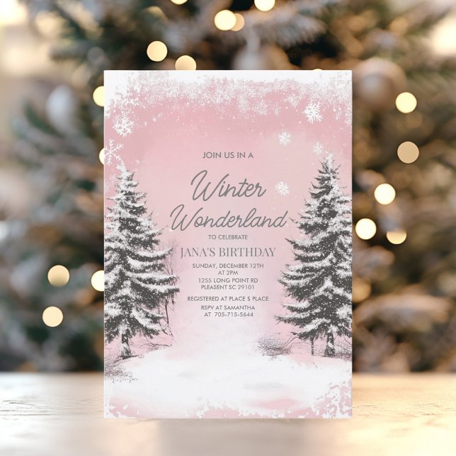Convite Pastel Pink Winter Wonderland Birthday Party (Criador carregado)
