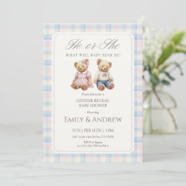 Convite Pastel Plaid Teddy Bear Gender Reveal Baby Shower