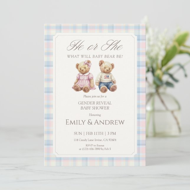 Convite Pastel Plaid Teddy Bear Gender Reveal Baby Shower (Em pé/Frente)