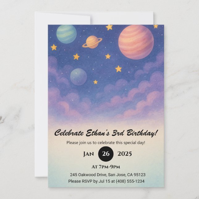 Convite Pastel Planets in the Night Sky Birthday  (Frente)