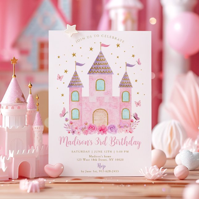Convite Pastel Princess Castle Butterfly Flower Birthday (Criador carregado)