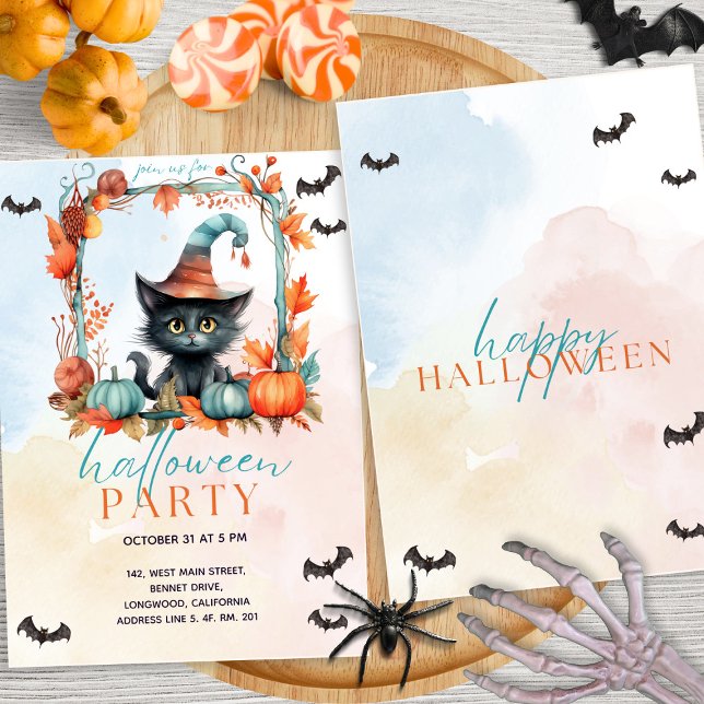 Convite Pastel Pumpkin Patch Black Cat Halloween (Criador carregado)