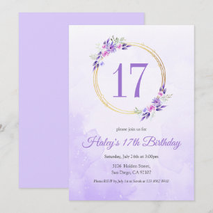 Convite Pastel Purple Floral Ouro Wreath 17º Aniversário